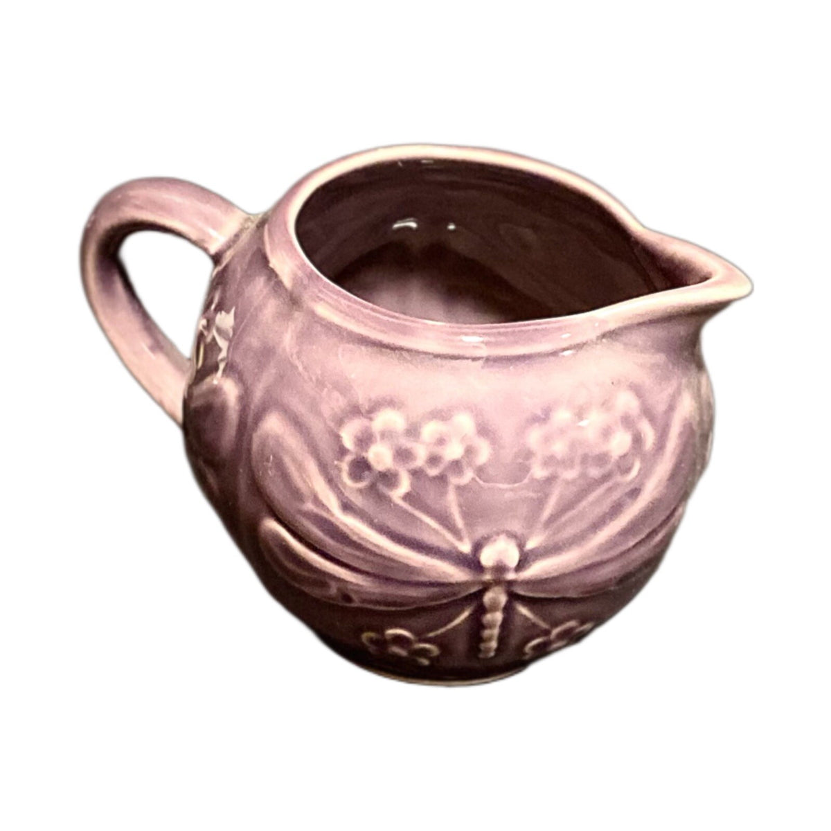 World Market DRAGONFLY Creamer & Sugar Bowl No Lid Dark Purple Majolica Embossed