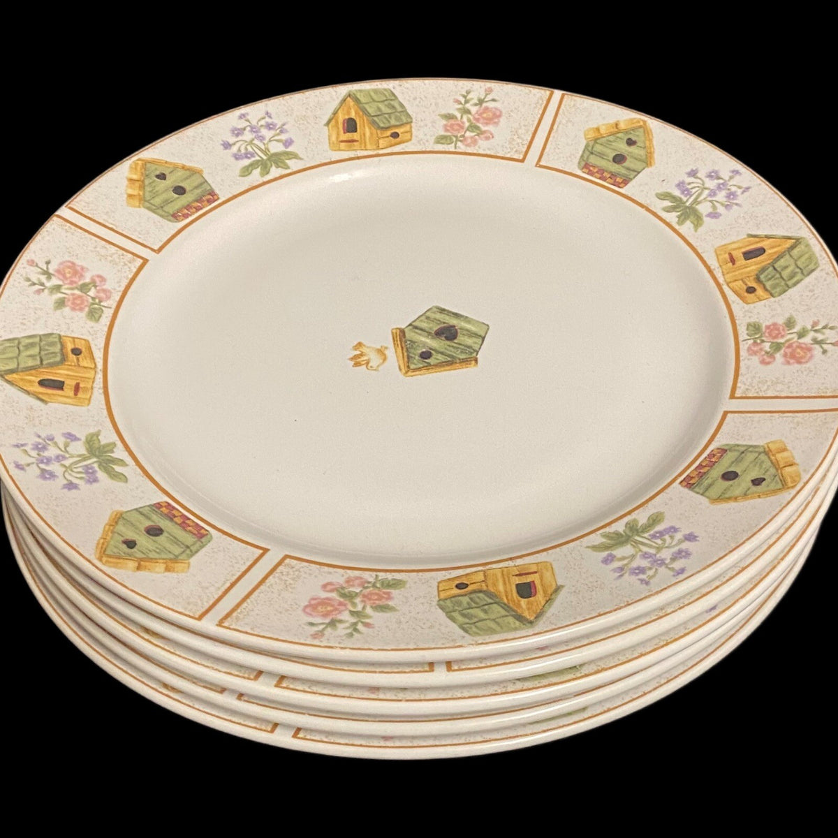 Gibson Designs AVIARA 5-Salad Plates Yellow Green Bird Houses Dessert 7 3/4" D