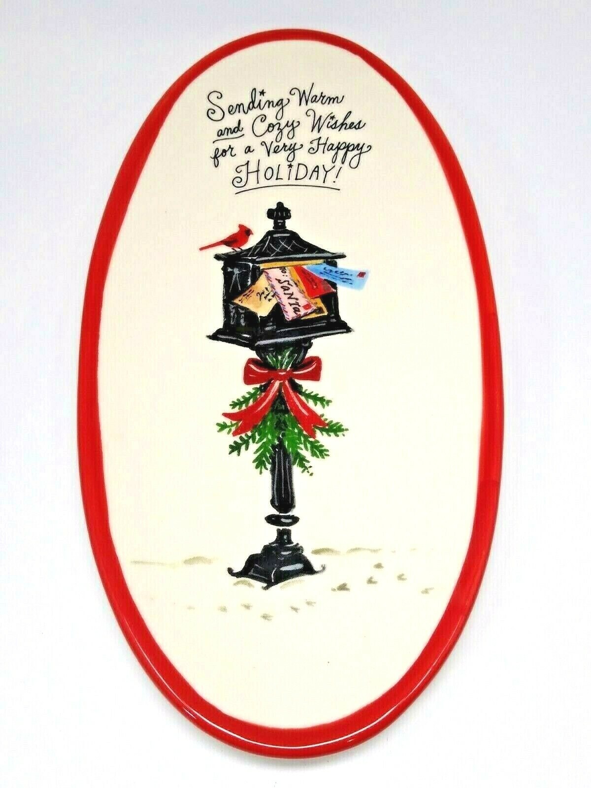 Angela Stachling Oval Plate Booville Magenta Ceramic Christmas Platter 11 7/8”L