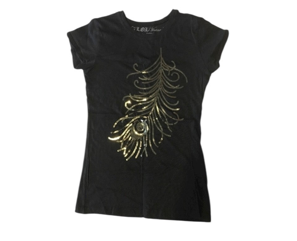 LOL Vintage Women’s Large Black T-Shirt ✦ Gold Sequin Peacock Feather Design Top