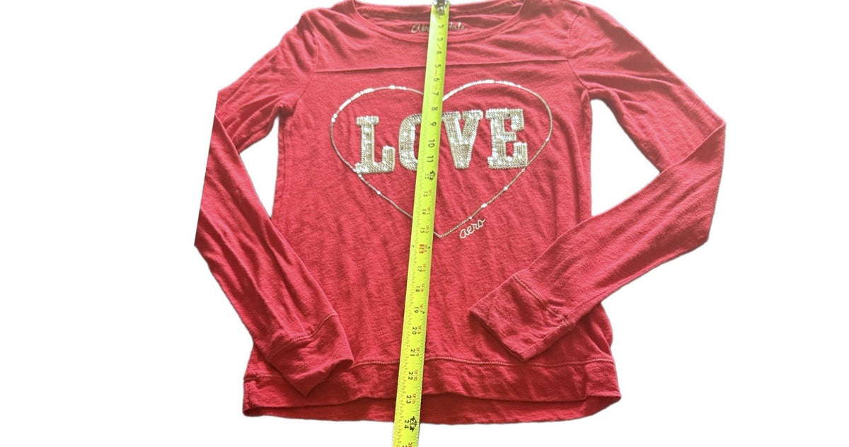 Aeropostale Girls Red Sequin LOVE Long Sleeve Shirt Heart Graphic Top S/P