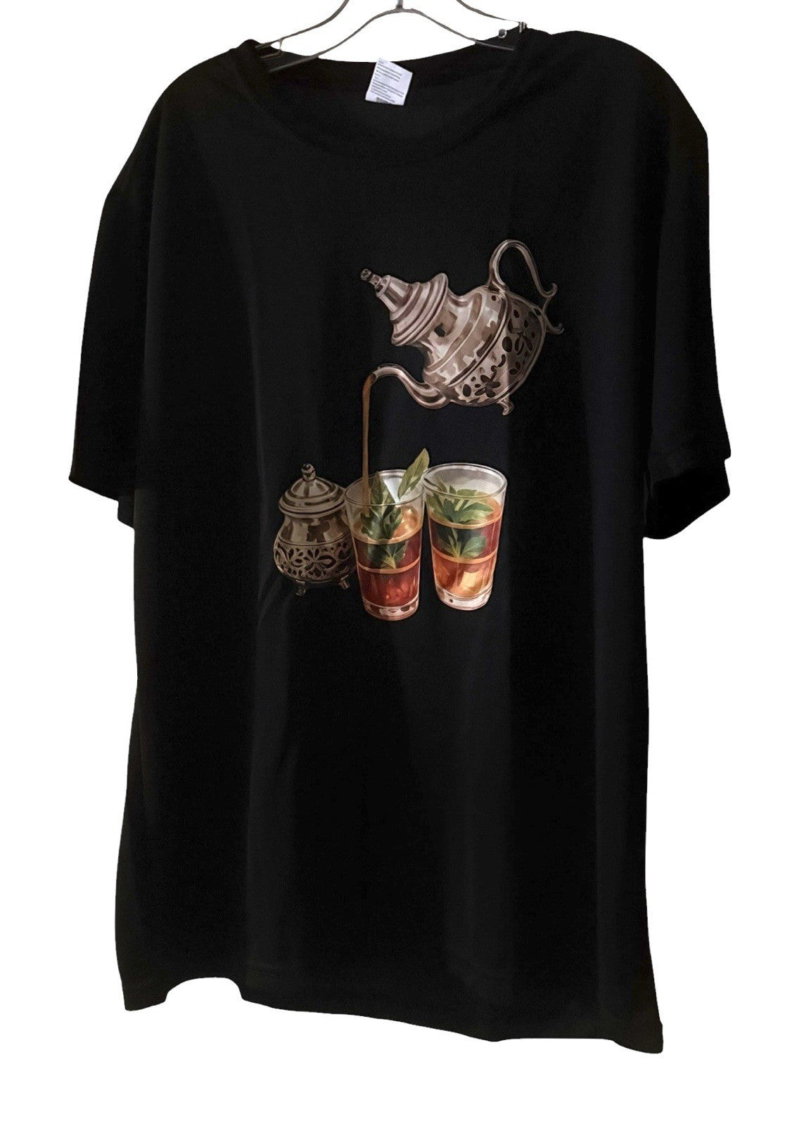Moroccan Mint Tea Graphic T-Shirt XL Black Lightweight Polyester Unisex Tee