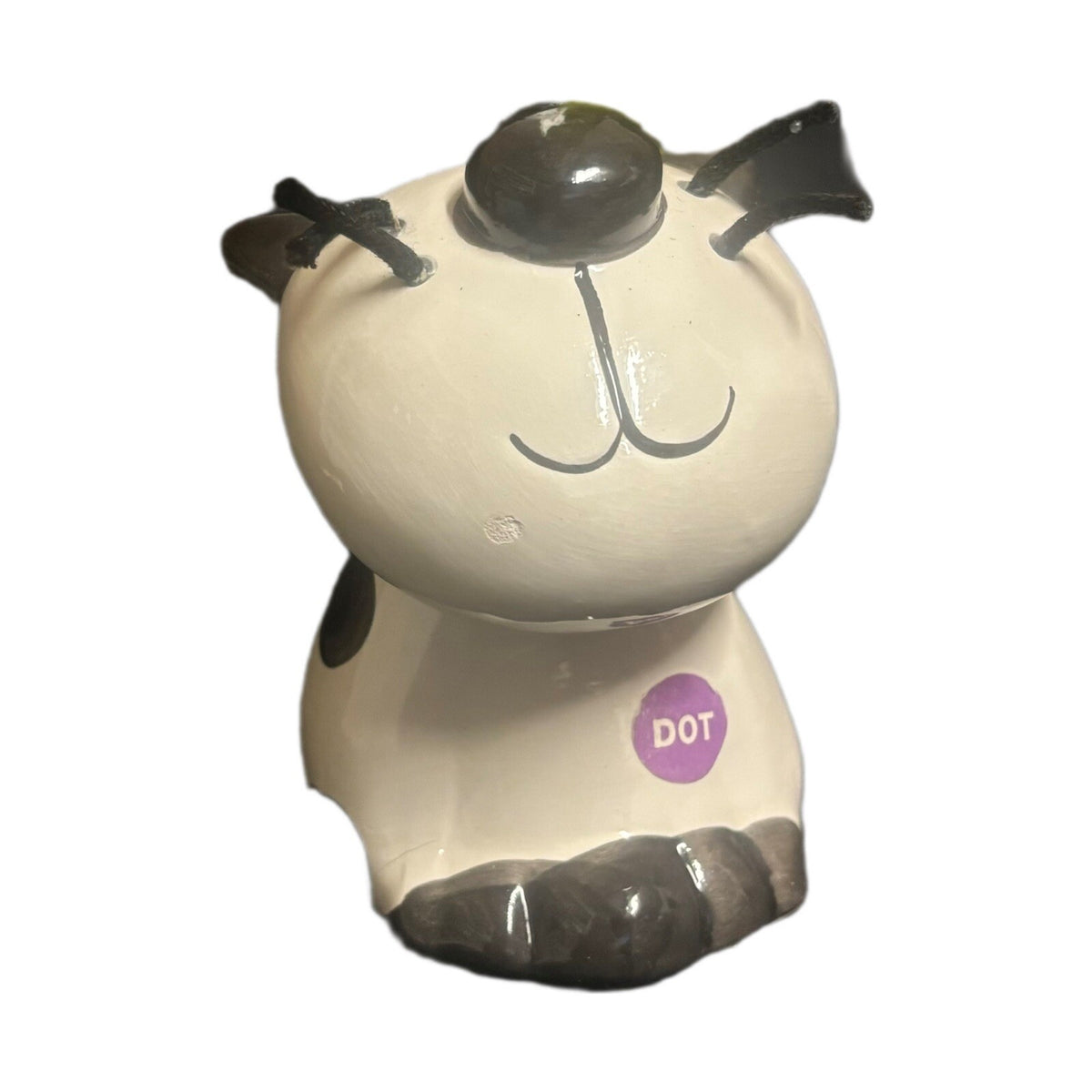 Whimsical Cat Figurine Ceramic Black & White Spotted Polka Dot