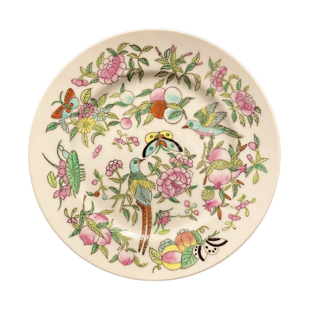 Chinese Porcelain Plates Set of 4 Floral Bird Transferware Famille Verte Style