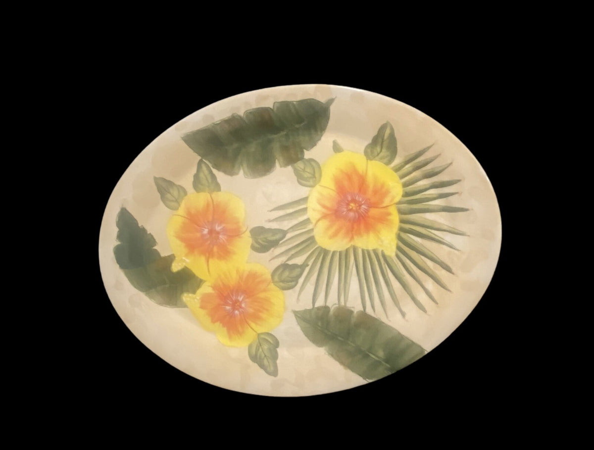 GARDEN RIDGE Pottery Oval Serving Platter Ceramic Floral Palm Leaves Tray