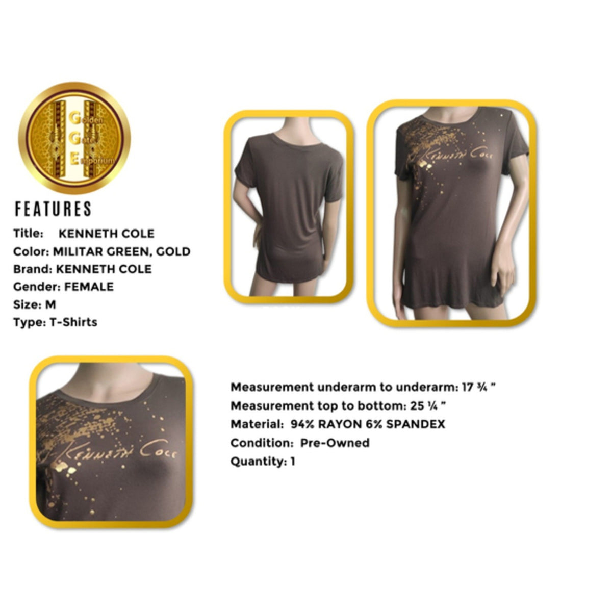 Kenneth Cole Women's T-Shirt Short Sleeves Green Gold Foil Graphic Scoop Neck MD
