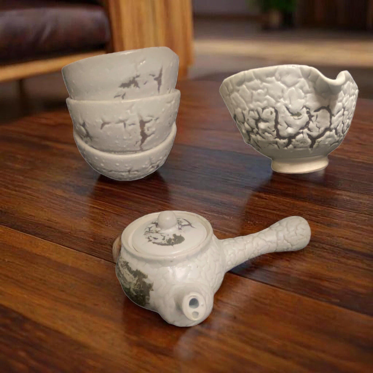 Japanese Ceramic 6 Piece Tea Set Japan Traditional 3-Cups 1-Teapot & Lid 1 Bowl