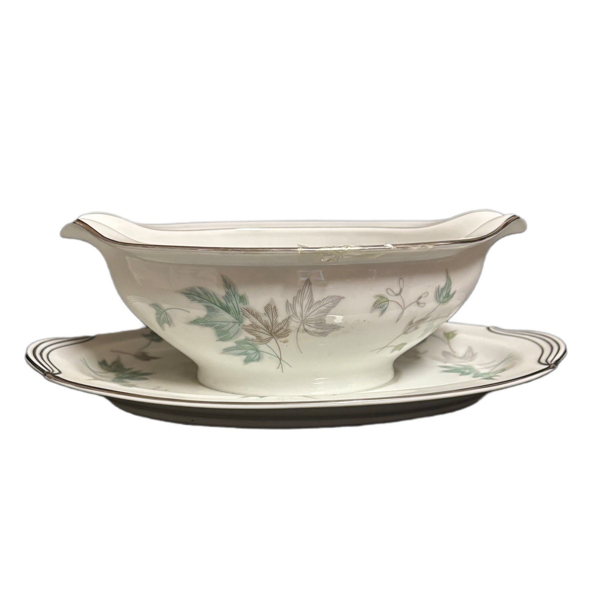 Noritake Greenwood Gravy Boat Condiment Dish Leaves Silver Trim Japan 5769