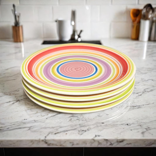 Gibson Designs 4-Dinner Plates ROSITA RAINBOW Ceramic Swirls Dinnerware