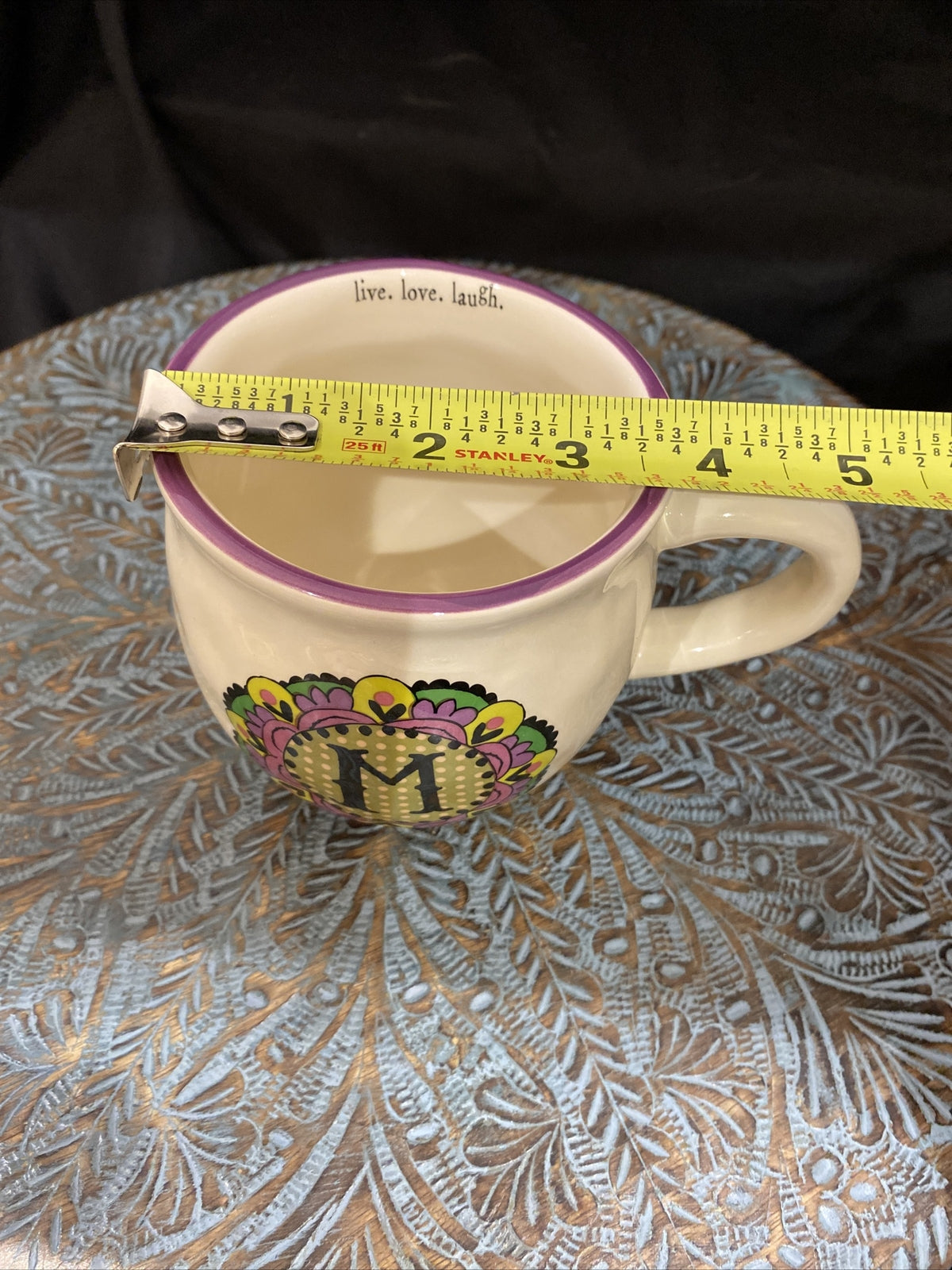 Natural Life “M” Monogram Ceramic Mug Cup – Live Love Laugh, Boho Floral Gift