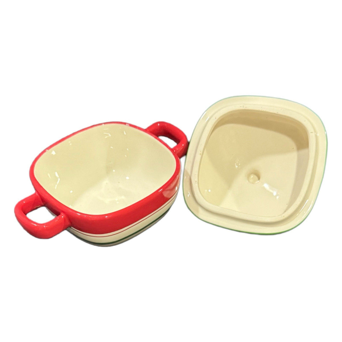 Set of 2 Festive Polka Dot Ceramic Soup Bowls w/ Lids – Handpainted Red Green