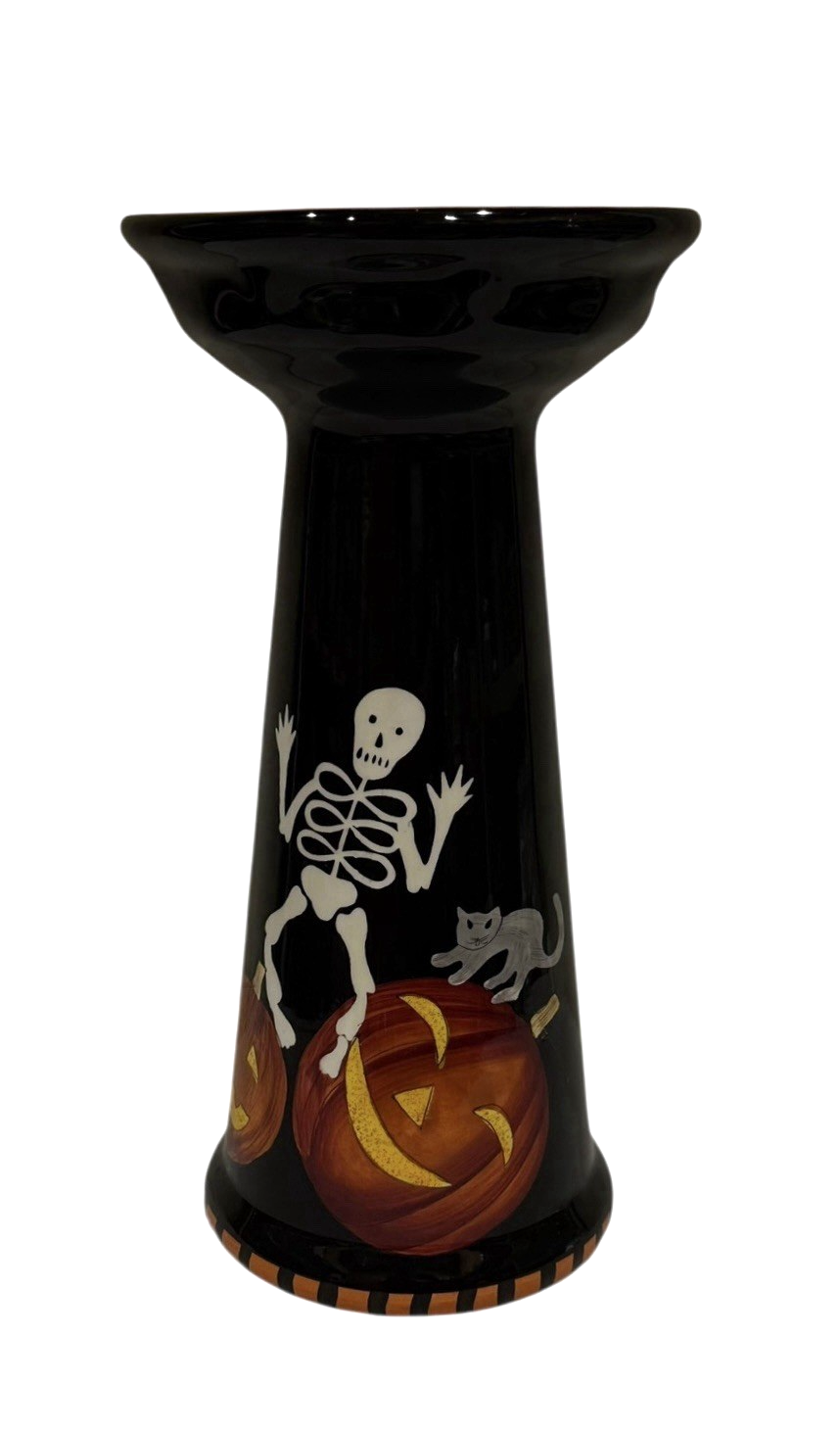 Gates Ware Halloween Skeleton Pumpkin Candy Bowl 11” Pedestal Spiderweb Ceramic