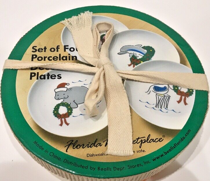 FLORIDA MARKETPLACE 4 Dessert Plates Manatee-Flamingos-Dolphin-Pelican 6 1/2" D