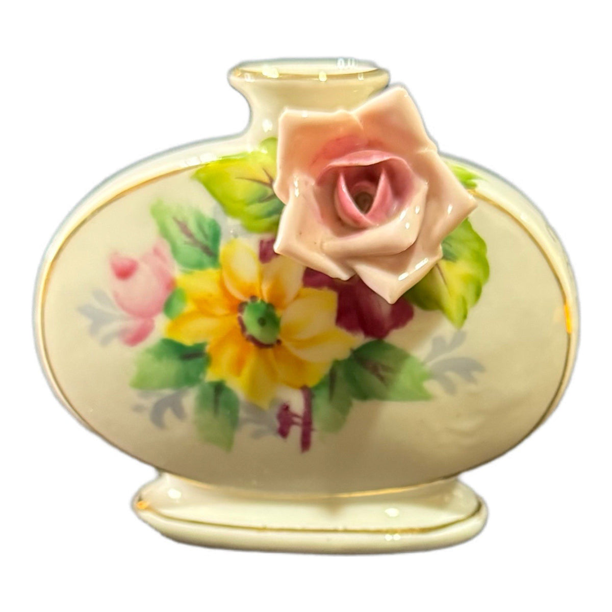 Occupied Japan Bone China Vase – White Floral with 3D Rose Appliqué & Gold Trim