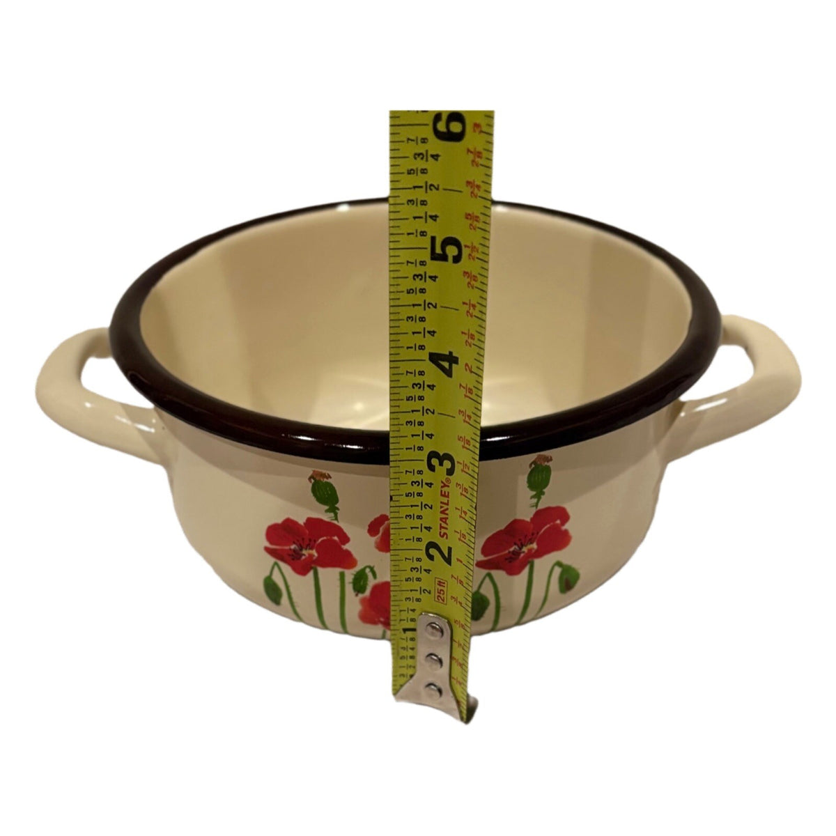 EMALIA OLKUSZ Cooking Pot 1907 Red Floral Cream Enamelware Handles Black Trim