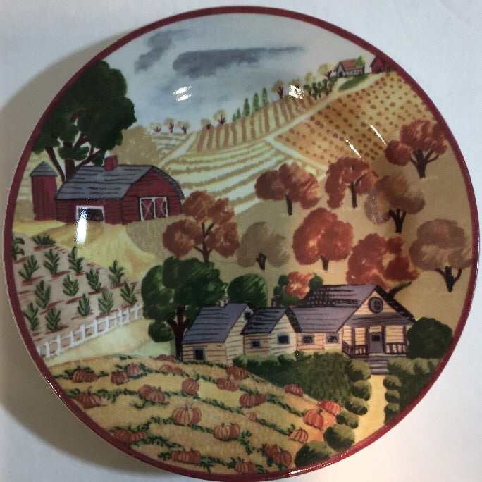 Rare Gibson Housewares 4-Salads Plates Farm Scene Village Dessert Dishes 8" D