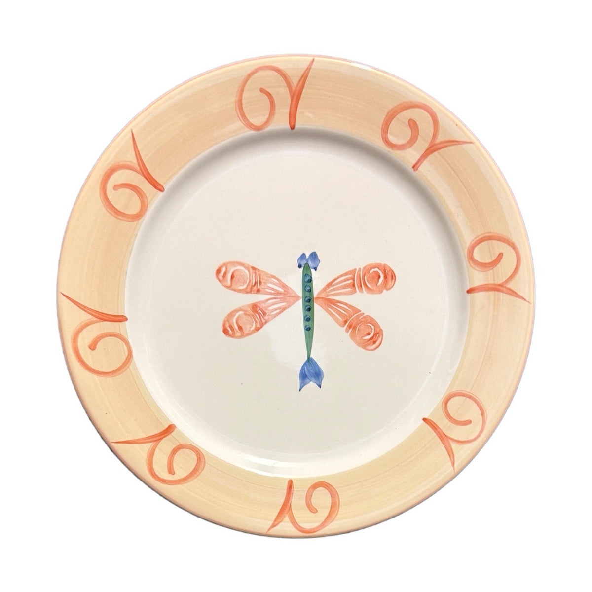 Retroneu DRAGONFLY 4-Dinner Plates Hand Painted Orange Blue White Round Ceramic