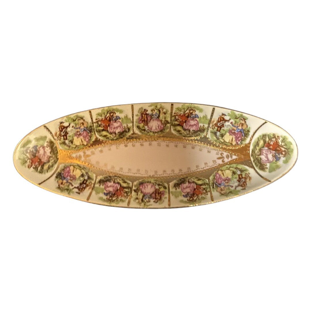 Vtg. Arnart Courting Couple Courtship Relish Trinket Dish Beehive Mark Gold Trim