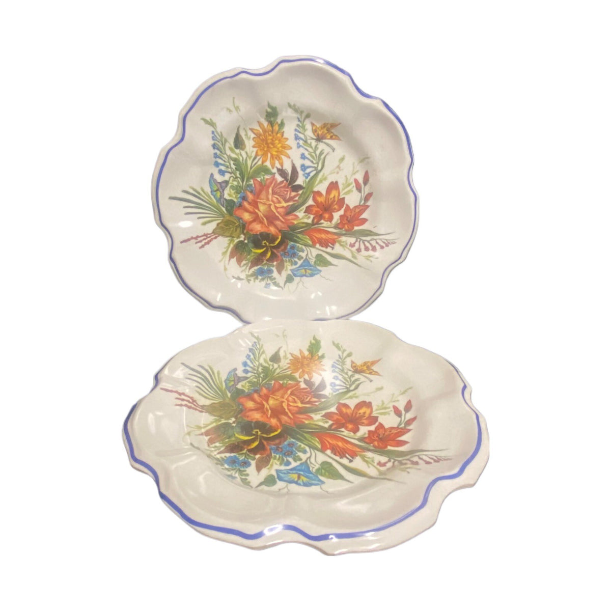 6-Italy Scalloped Dinner Plates Melamine Flowers Blue Trim Crackled Wall Hanging