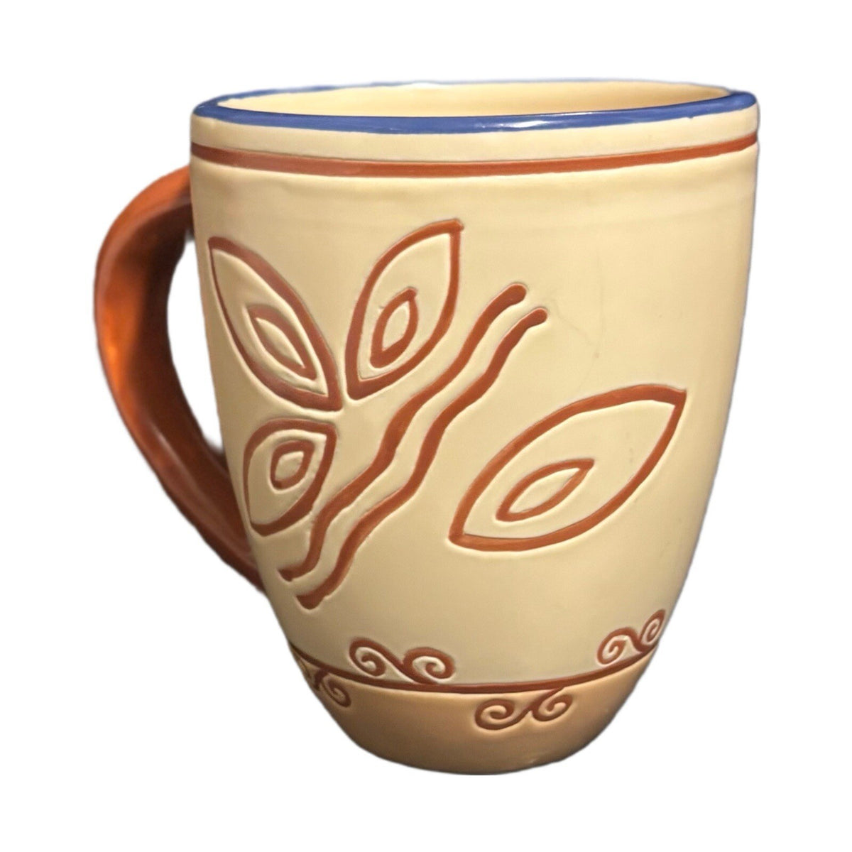 Pfaltzgraff TIMBUKTU 2-Mugs Ceramic Coffee Tea Cups Blue Trim Orange Handle