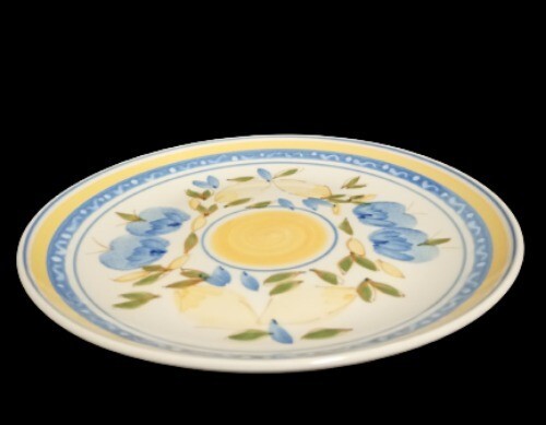 Gibson Designs CONCORDIA Dinner Plate 10 1/8" Blue Yellow Bands & Fruits