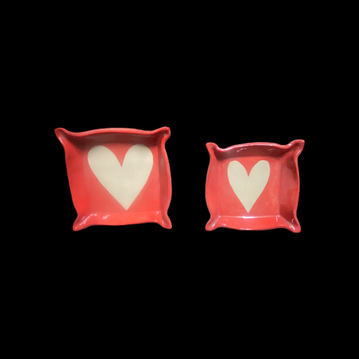2-Trinket Red Dish White Heart Valentines Square Art Pottery Rings Tray Signed