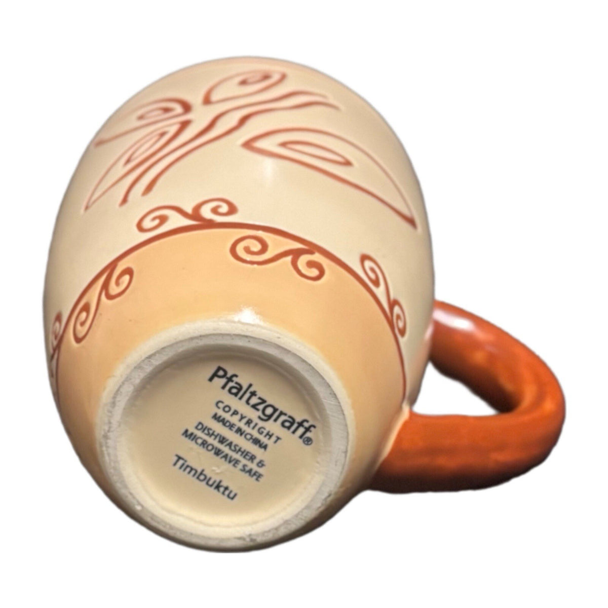 Pfaltzgraff TIMBUKTU 2-Mugs Ceramic Coffee Tea Cups Blue Trim Orange Handle