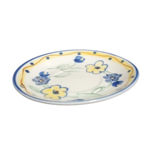 Gibson Designs CONFETTI FLORAS 4-Saucers 5 7/8"D Blue Yellow Floral Dots Ceramic