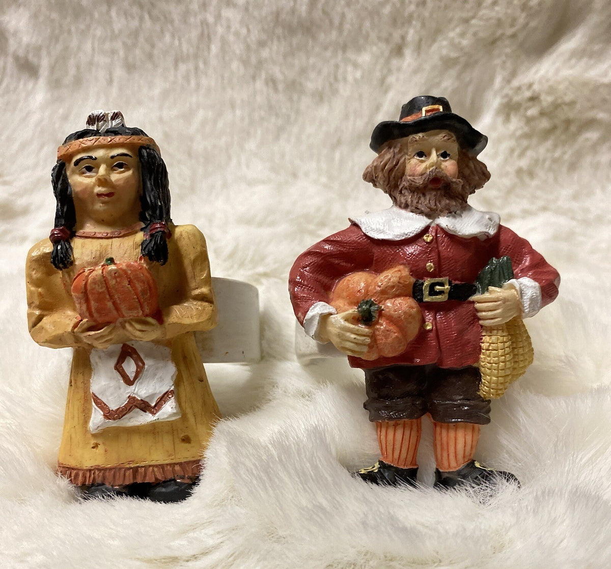 Rare Thanksgiving Ceramic Napkin Holder Pilgrim Pumpkin Harvest Boy Girl