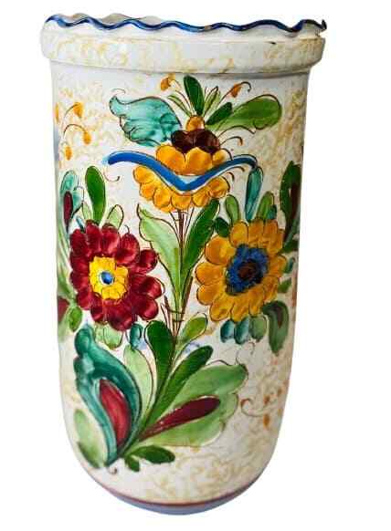 Italian Hand Painted Terracotta Vase Majolica Pottery Umbrella Holder 16 3/8”H