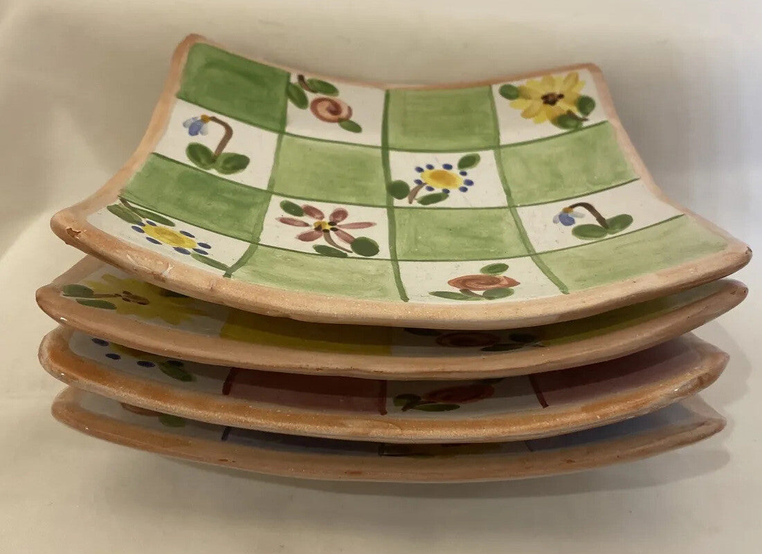 Rare Hand Painted And Signed 4-Square Salad Appetizer Tapas Clay Plates 6 3/4"SQ