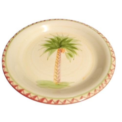 Gibson Designs 2-OASIS PALM Dinner plate 10 ¾” D Palm Tree Center Red Trim