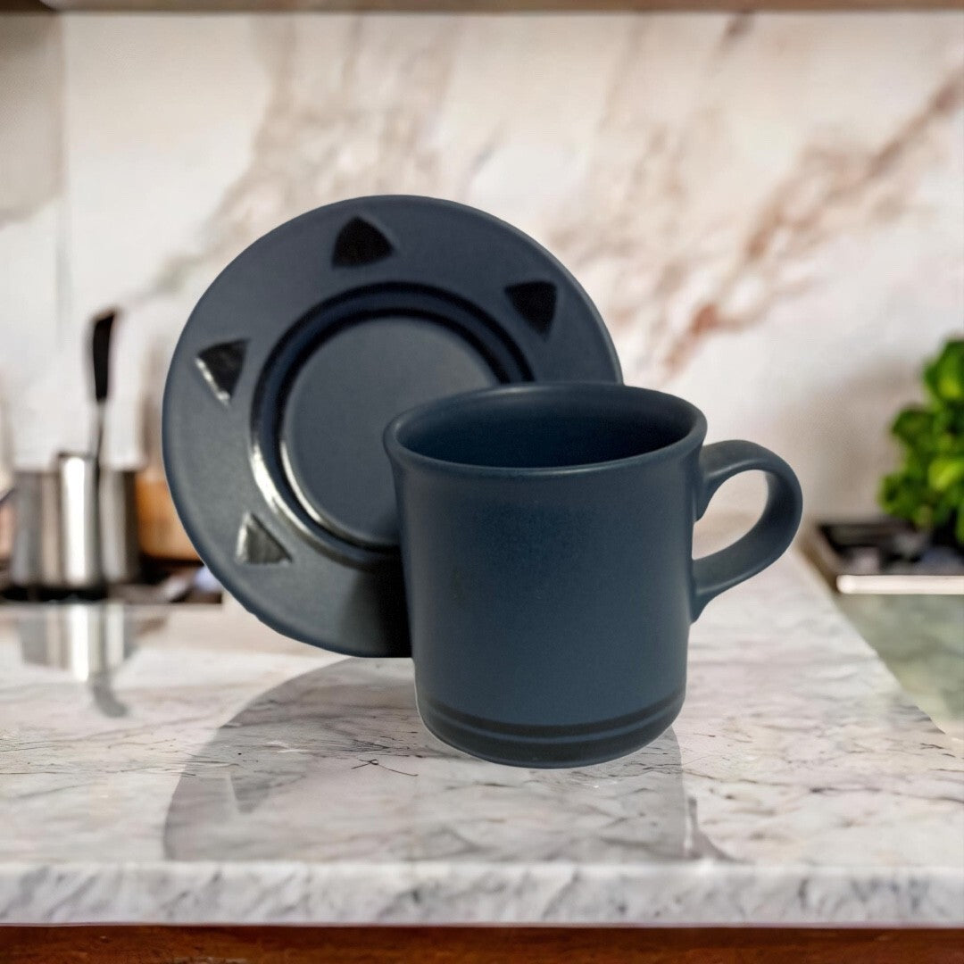 Pfaltzgraff Morning Light Cups & Saucers Set of 7 | Cobalt Blue Triangles