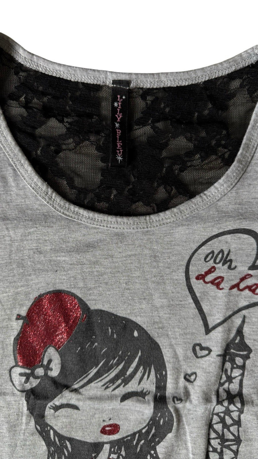 Lily Blue Ooh La La French Girls T-Shirt Lace Embellished Glitter Eiffel Tower L
