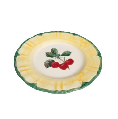 Gibson TUSCANY Salad Plate Cherries 8 ¼” D Yellow Border Green Trim Dessert Dish