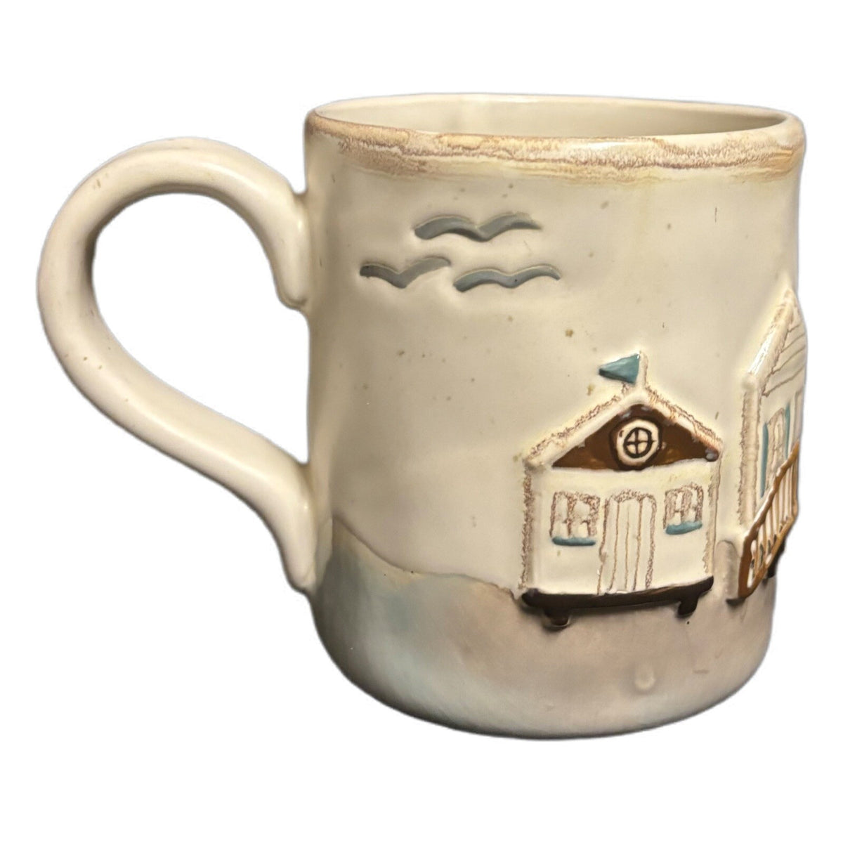 Mud Pie 3D Mug Ocean View Homes Seagulls Birds Beach Coffee Tea Stoneware Cup