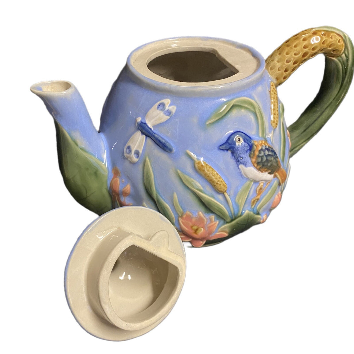 MAJOLICA Teapot Dragonflies Birds Lotus Blossom Flowers Blue Pottery Embossed
