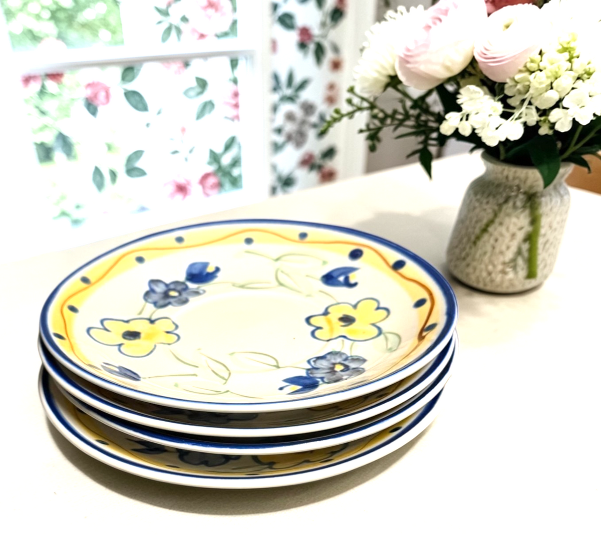 Gibson Designs CONFETTI FLORAS 4-Saucers 5 7/8"D Blue Yellow Floral Dots Ceramic