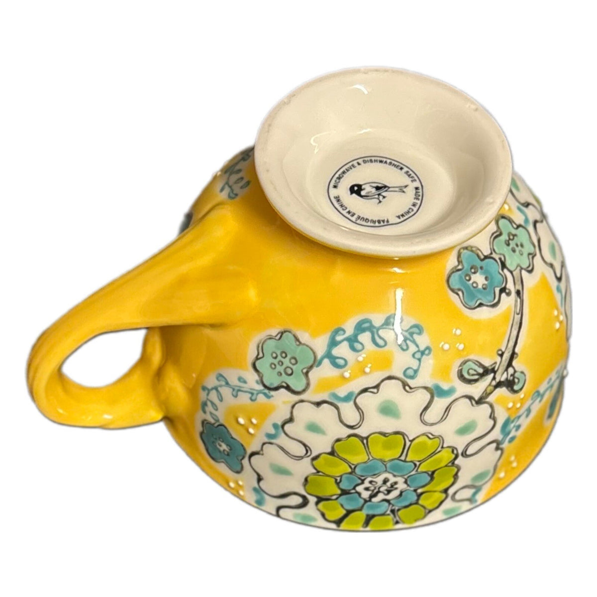 Anthropologie ELKA AYAKA Mug Yellow Floral Footed Pedestal Cup Twisted Handle