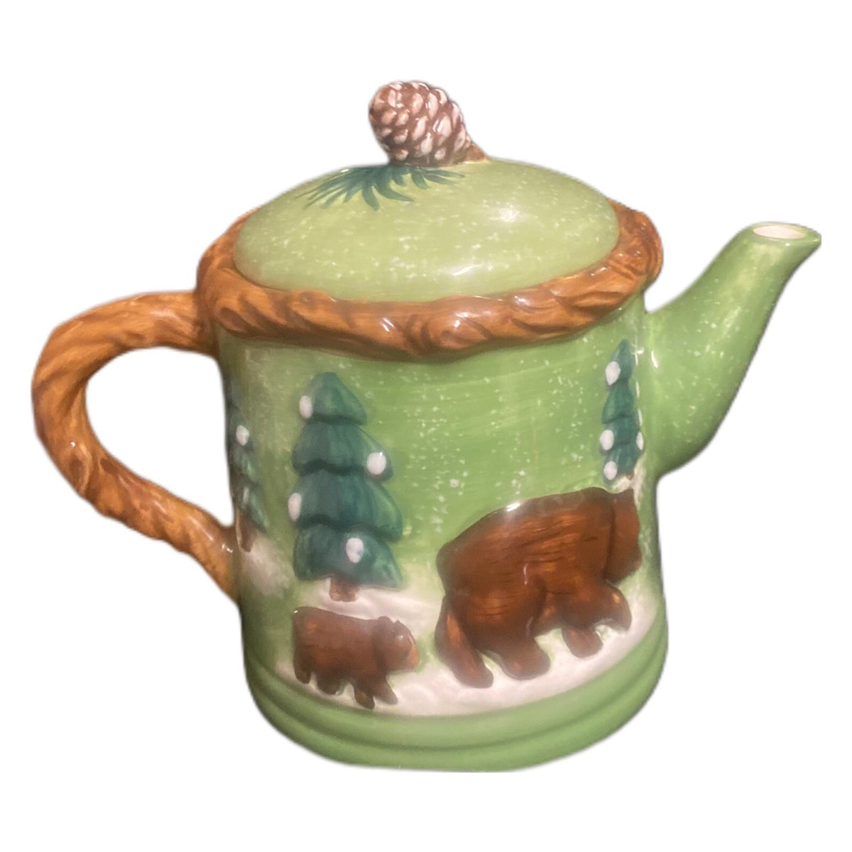 BICO 3D Holiday Teapot w/ 3 Mugs Moose Bear Pine Cone Lid Christmas Cabin Decor