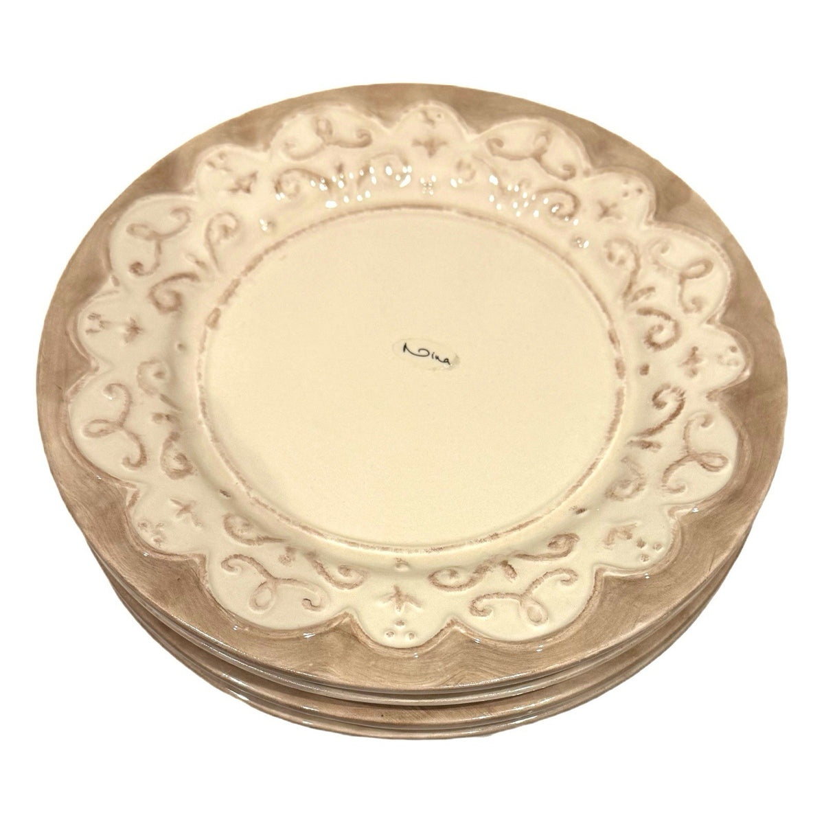 Nina Campbell Embossed 4 Salad Plates 8.5” Cream & Taupe – Rare Elegant Design