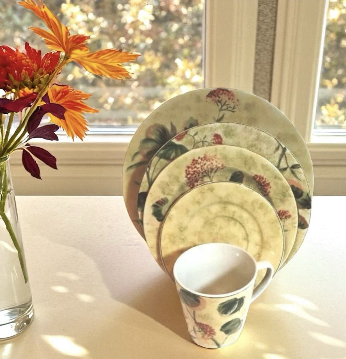 222 Fifth Asian Antique 2 Sets 5-Piece Dinnerware Floral Beige Stoneware 10 Pc