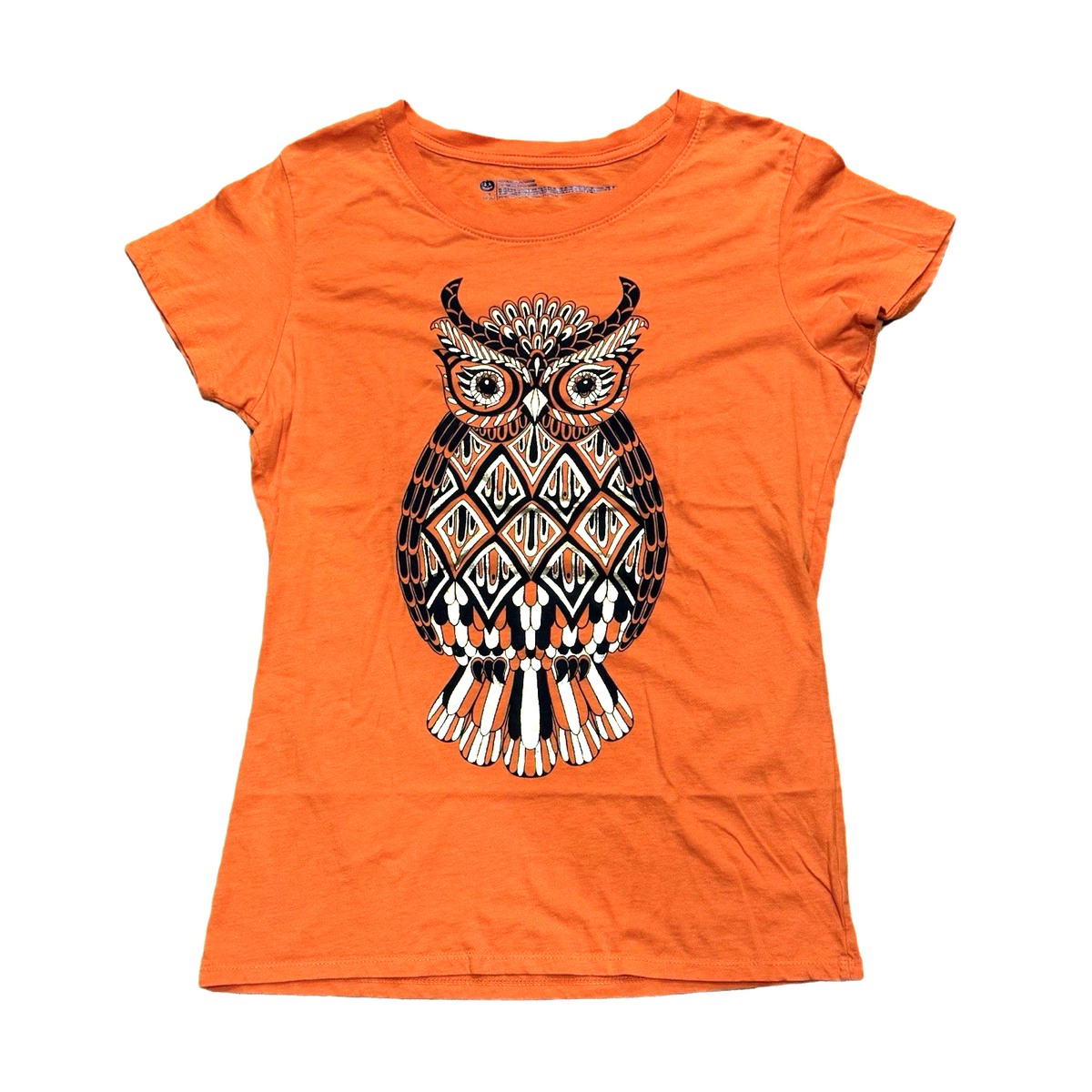 Owl Embellished Sequin Beaded Orange Graphic Tee Women Girls M 8-10 Casual Top