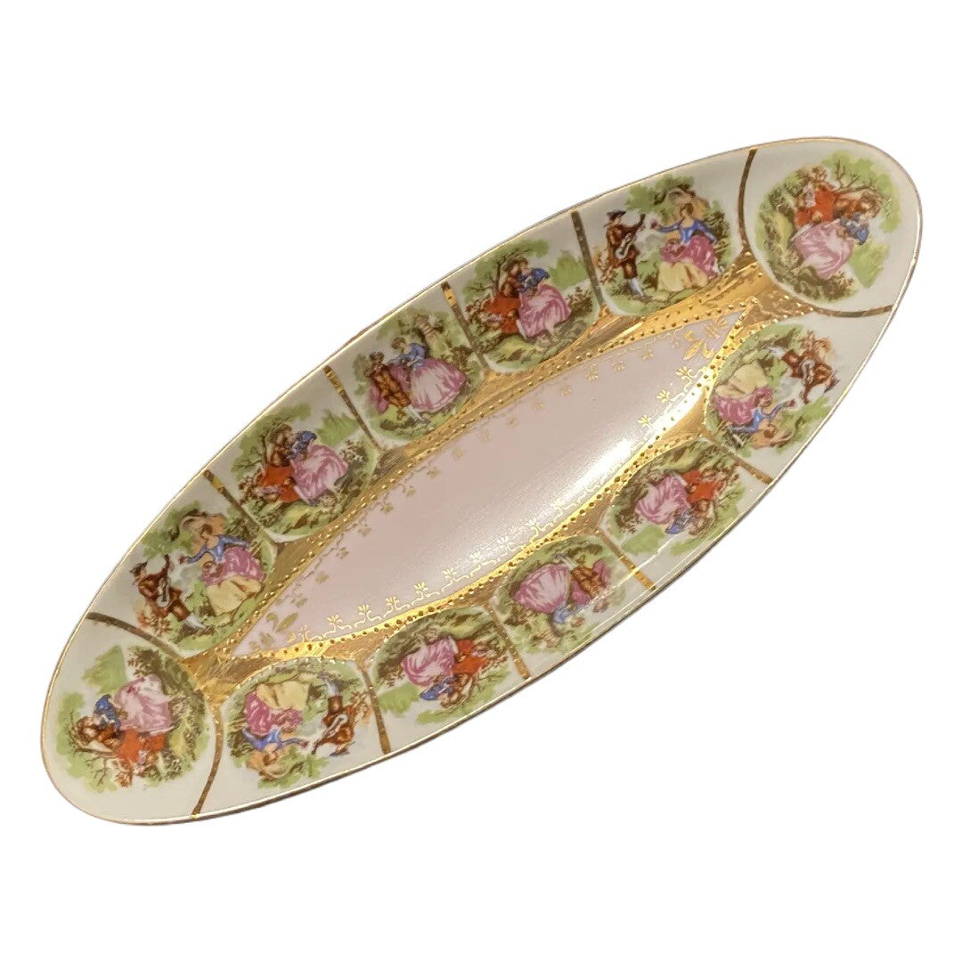 Vtg. Arnart Courting Couple Courtship Relish Trinket Dish Beehive Mark Gold Trim