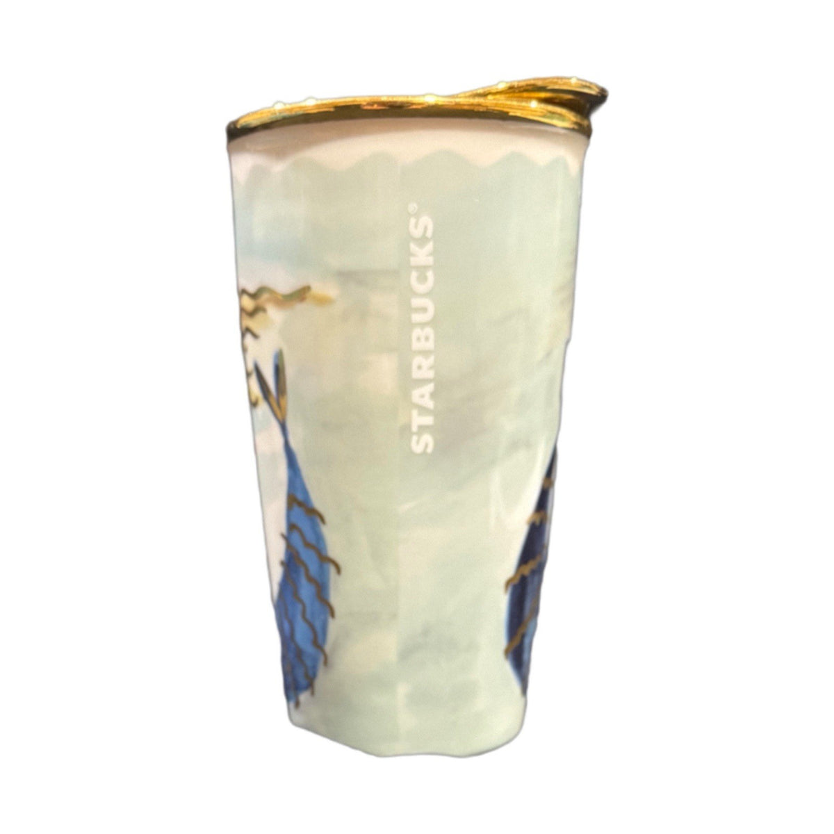 Starbucks Mermaid Tumbler 2014 12 oz Ceramic Gold Lid Rare Collector Cup