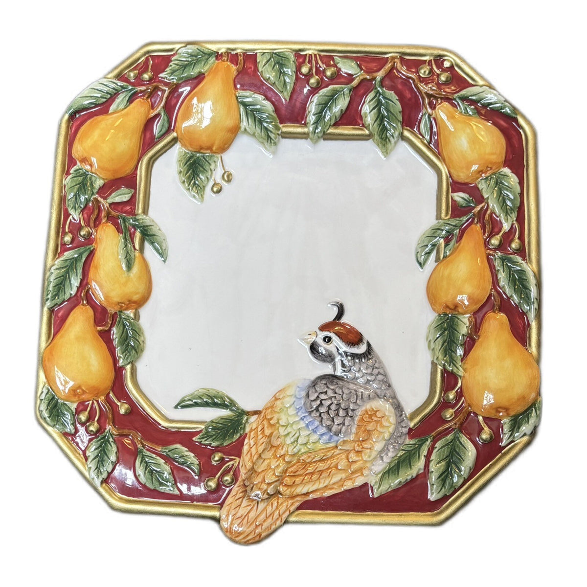 Fitz & Floyd Plate Partridge Bird Pears Canapé Wall Hanging Holiday Embossed Art