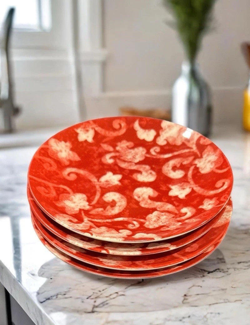 Set of 4 Cordon Bleu BIA Red Scroll Plates 8” China 2007 Stoneware Dinnerware