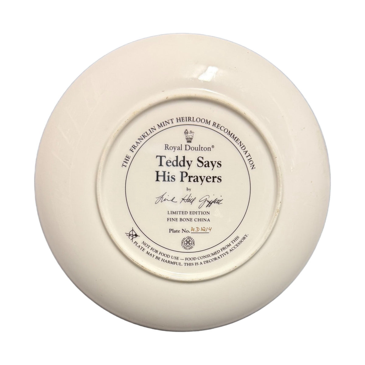 ROYAL DOULTON Plate Franklin Mint Teddy Says His Prayers" Limited Bone China