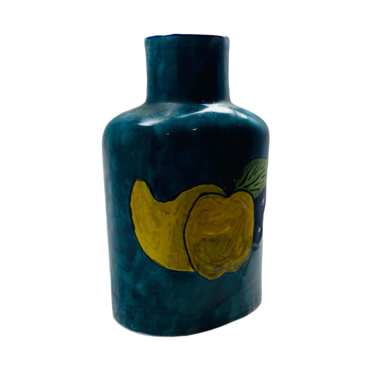 Vintage Vase Hand Painted TALAVERA Mexican Pottery Turquoise Yellow Apple Pear