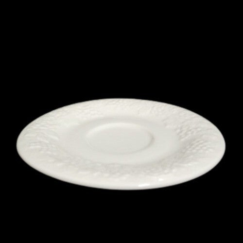 Gibson Designs FOUR SEASONS 4-Saucers 6 ½” D All White Embossed Fruit Floral Rim